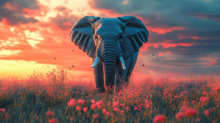 Fototapeta premium An image shows an elephant positioned against a colorful backdrop, with a prominent tusked animal in the foreground