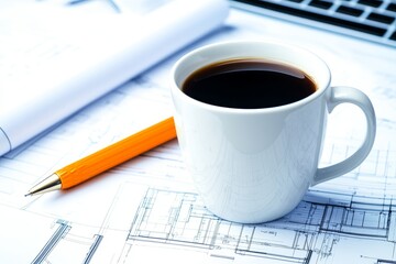 Coffee and Architectural Blueprints on a Workspace