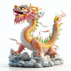 Fototapeta premium Dragon sculpture with golden scales, perched on dynamic waves isolated on white transparent background