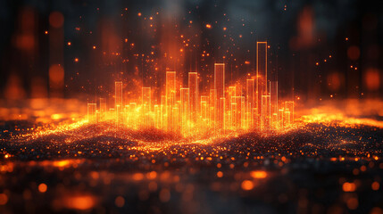 Fototapeta premium Black bar graph engulfed in flames and sparks with a dark background of digital financial charts minimalistic bright tone modern blurred empty space symbolizing chaos and volatility