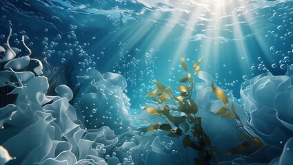 A serene underwater scene with calming blue hues, sun rays casting an ethereal glow, gentle bubbles, swaying seaweed, and a distant coral reef, evoking peace and connection to the ocean.