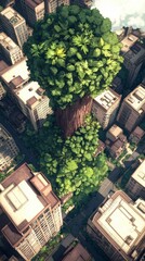 Fototapeta premium Giant Tree in City Aerial View Urban Nature Green Cityscape Eco Friendly Illustration