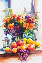Colorful Still Life with Fruits and Flowers in a Bright Setting