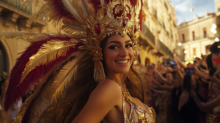 Tarragona Carnival Spain, a grand parade with colorful costumes full of feathers and gold ornaments, Ai generated images