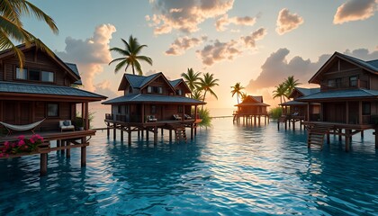Obraz premium Overwater Bungalows at Sunset: Tropical Paradise