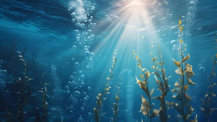 A serene underwater scene with calming blue hues, sun rays casting an ethereal glow, gentle bubbles, swaying seaweed, and a distant coral reef, evoking peace and connection to the ocean.