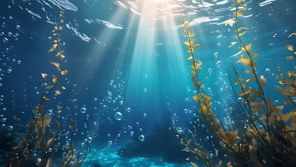 A serene underwater scene with calming blue hues, sun rays casting an ethereal glow, gentle bubbles, swaying seaweed, and a distant coral reef, evoking peace and connection to the ocean.