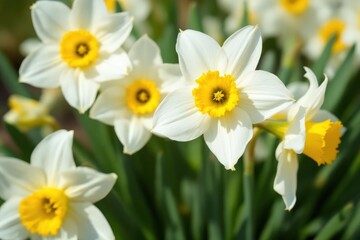 Close-up of white daffodils with sunny yellow centers, heralding the arrival of Easter and the joyous season of spring, nature's early bloomers in full glory.