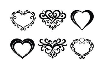 Heart shapes, ornate designs, black and white, vintage filigree, decorative patterns, symmetrical motifs, floral elements