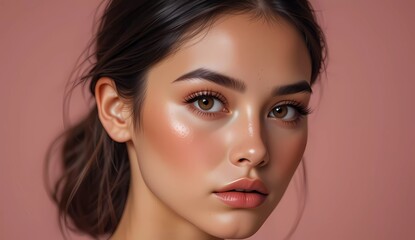 Fototapeta premium A woman with brown hair and brown eyes is wearing makeup. She has a gold earring and a gold necklace