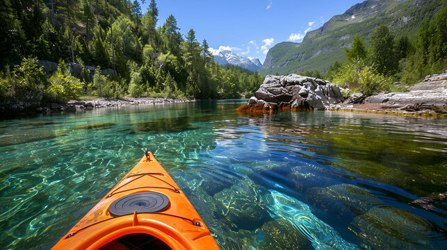 Adventurous kayaking trip on a crystal-clear river