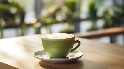 Soothing and Sophisticated Green Tea Latte in a Minimalist Cafe Interior with a Calming Aesthetic and Inviting Atmosphere