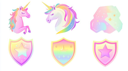 Holographic iridescent texture sticker or label, pearlescent rainbow or unicorn blur badge with soft pastel colors, vector stamp with gradient ombre neon effect, shield, star shape price or sale tag