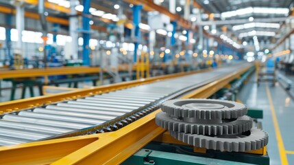 Close up of industrial gear components in a modern manufacturing setting with blurred backdrop