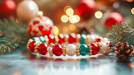 Beautifully crafted Christmas-themed beaded bracelet in red green gold white colors on light surface with blurred Christmas decorations in background. Christmas jewelry, handmade beaded gift concept