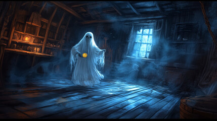 Pirate ghost in cabine on ship at night. Abandoned room with spooky captain corsair holding coin. Scary dark interior halloween vector background cartoon illustration with female character.