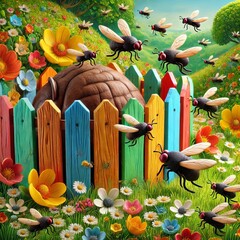 Colorful Picket Fence Surrounding Beehive with Flying Insects in Flower Garden