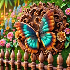 Ornate Wooden Butterfly on Garden Fence with Vibrant Flowers and Greenery