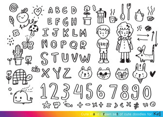 Vector illustration of Doodle cute for kid, Hand drawn set of cute doodles for decoration,Funny Doodle Hand Drawn, Summer, Doodle set of objects from a child's life,Cute animal