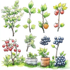 Watercolor illustration of various berry bushes with red, orange, and blue berries.