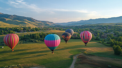 Obraz premium 3d isolated hoy air balloon basket travel illustration on transparent background. Realistic aerostat set in red, blue and pink stripe for adventure and recreation. Summer ballooning leisure journey
