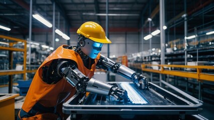 Robot innovative automation industry working in warehouse together