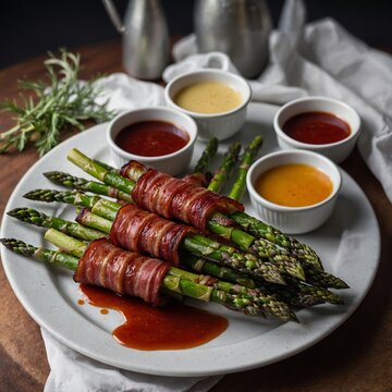 acon Wrapped Asparagus on a Marble Surface
Grilled Lamb Kebab Served With Roasted Vegetables And Sauces
