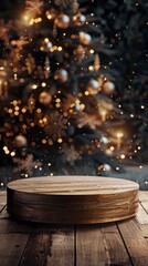 Rustic Wooden Round Stand with Christmas Background Bokeh Lights