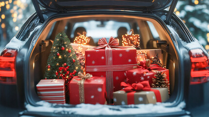 Car trunk packed with Christmas decorations in shopping bags, filled with festive items