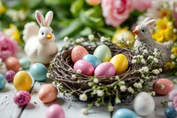 Easter still life. Colorful easter chocolate eggs in nest, spring flowers, chicken figurine composition on white wooden table. Space for text. Happy Easter! Seasons greetings