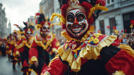 Obraz premium Belgium's Laetare Parade, a line of dancers in traditional red, yellow and black costumes, wearing large masks with big smiles, Ai generated images