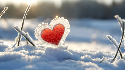 Fototapeta premium whimsical heart shape carved into frosted glass, surrounded by snow. scene evokes feelings of warmth and love amidst winter landscape