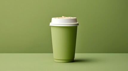 Vibrant and refreshing green tea latte in a modern minimalist branded to go cup perfect for a cafe restaurant or urban lifestyle setting