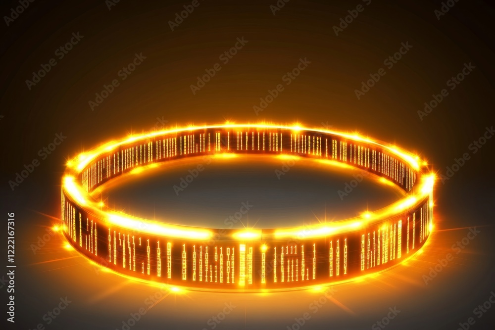 Poster glowing circular ring with binary code: futuristic technology