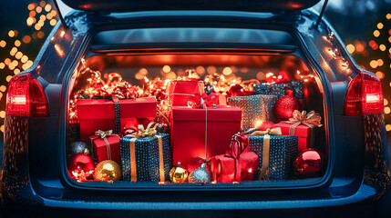 Car trunk packed with Christmas decorations in shopping bags, filled with festive items