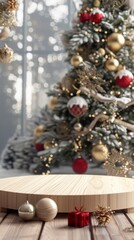 Cozy Christmas Scene with Decorations and Wooden Table Display