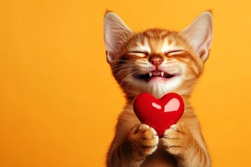 Cute abyssinian feline infant with diamond red heart - sign of love, funny greeting card. Marketing visual idea. Abyssinian - my preferred cat. Cute kitten for valentine. Cute february 14 cat.