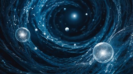 A dreamy blue background with swirling light and dark tones, accented by glowing white orbs, evoking a celestial and ethereal ambiance.
