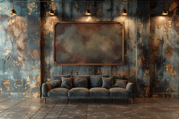 A couch sitting in front of a painting on a wall