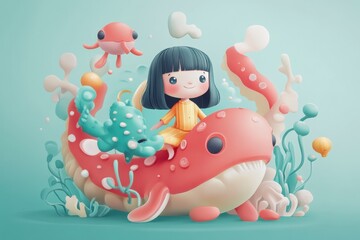 Cute Girl Riding Colorful Whale Surrounded by Vibrant Sea Life