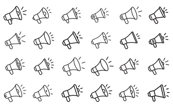 Megaphones icons set. Megaphone icon vector logo design template. loudspeaker icon vector. Voice sound speech logo silhouette sign. Set of simple megaphone line icons. Vector illustration