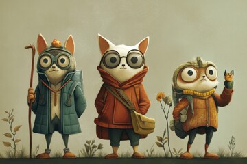 Charming animated creatures wearing glasses and stylish outfits in nature