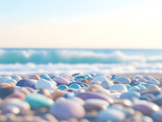 Colorful pebbles scattered on beach with gentle waves in background create serene and tranquil atmosphere. soft colors and smooth textures evoke sense of calm and relaxation
