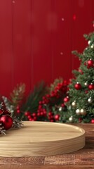 Elegant wooden tray with Christmas decorations and festive background