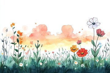 Fototapeta premium Watercolor painting of a field of colorful flowers against a sunset sky.