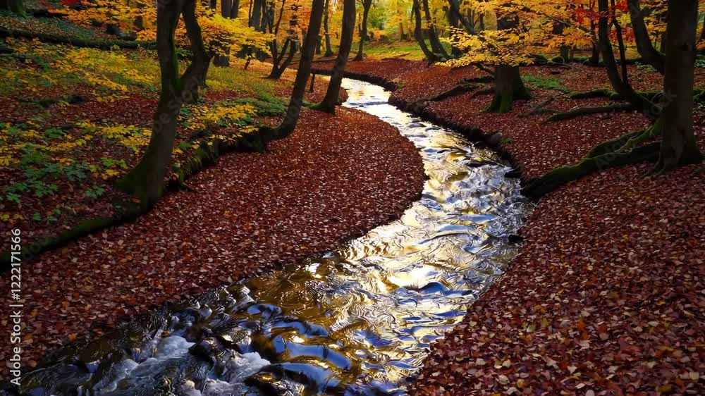 Poster A colorful autumn forest with a stream running through it, surrounded by fallen leaves and soft golden light.
