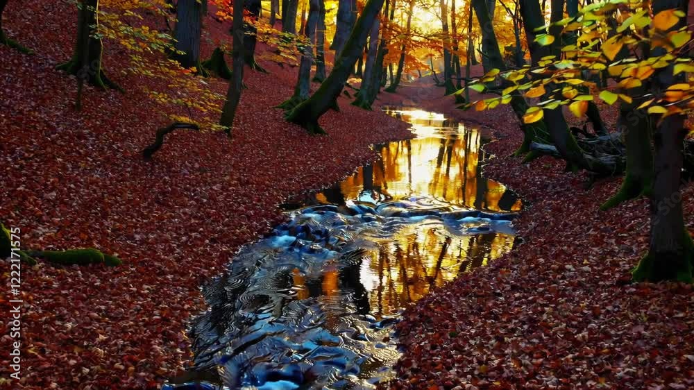 Aufkleber A colorful autumn forest with a stream running through it, surrounded by fallen leaves and soft golden light.
