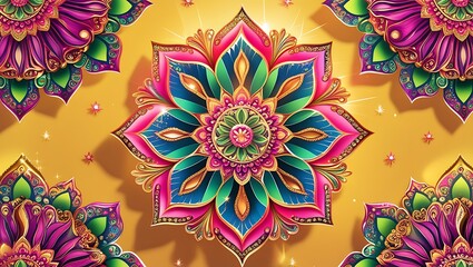 A vibrant mandala design on a sunny yellow background, featuring hot pink, lime green, and gold hues with ornate floral patterns, Indian and Arabic-inspired motifs, and shimmering star accents.