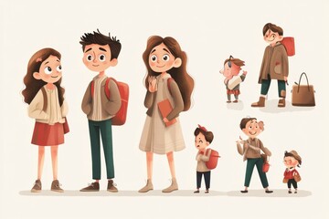 Cheerful Children Characters with Backpacks in Playful Settings
