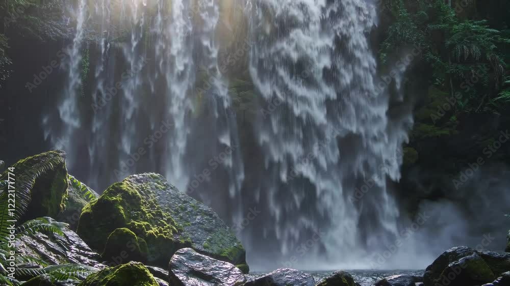 Poster A cascading waterfall in a jungle setting, surrounded by lush greenery and illuminated by soft sunlight filtering through the canopy.
